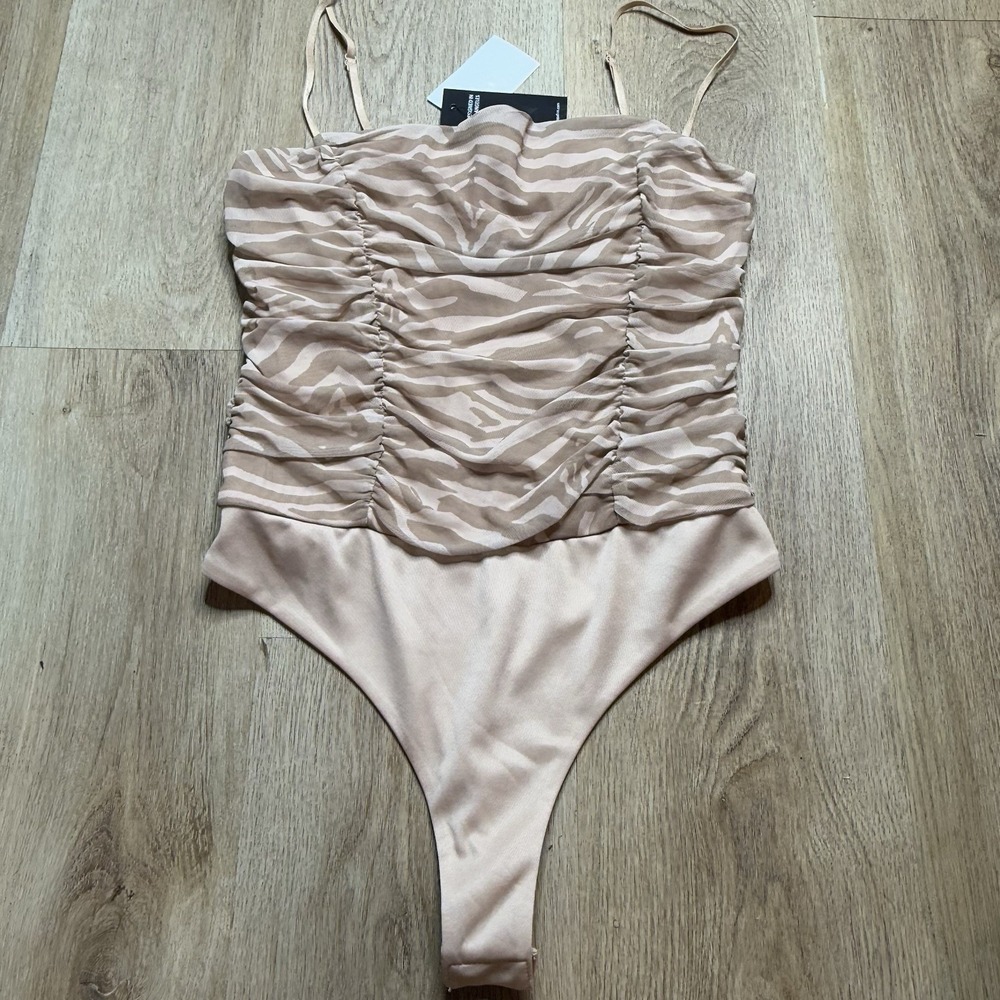 AFRM sand animal print nwt bodysuit sheer layer over light layer cinch sides S